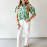 Puff Sleeve Ruffle Neck Top - Green