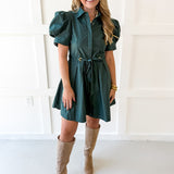 Puff Sleeve Waist Tie Dress - Green