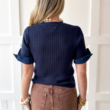 Ribbed Knit Short Sleeve Top- Navy