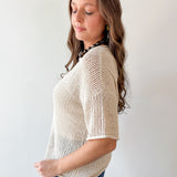 Split Neck  Sheer Crochet Knit Top -Khaki