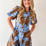 Floral Puff Sleeve Mini Dress - Blue Mocha