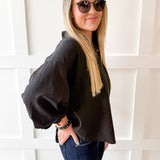 3/4 Scalloped Sleeve and Neck Top- Black
