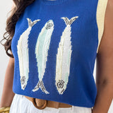 Round Neck 'fish' Knit Vest- Blue
