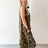 Polka Dot Midi Dress with Ruffled Neck Tie - Olive