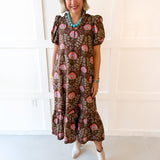 Floral Print Pleated Shirt Dress - Brown