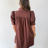 Puff Sleeve Buttoned Mini Dress - Brown