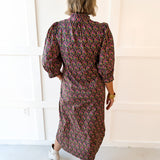 Ditsy Print Puff Sleeve Dress - Navy