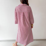 Contrast Striped Midi Shirt Dress - Crimson