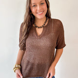Split Neck  Sheer Crochet Knit Top - Brown