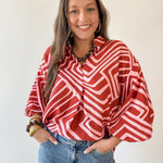 Abstact Print Drop Sleeve Top - Pink-Brown