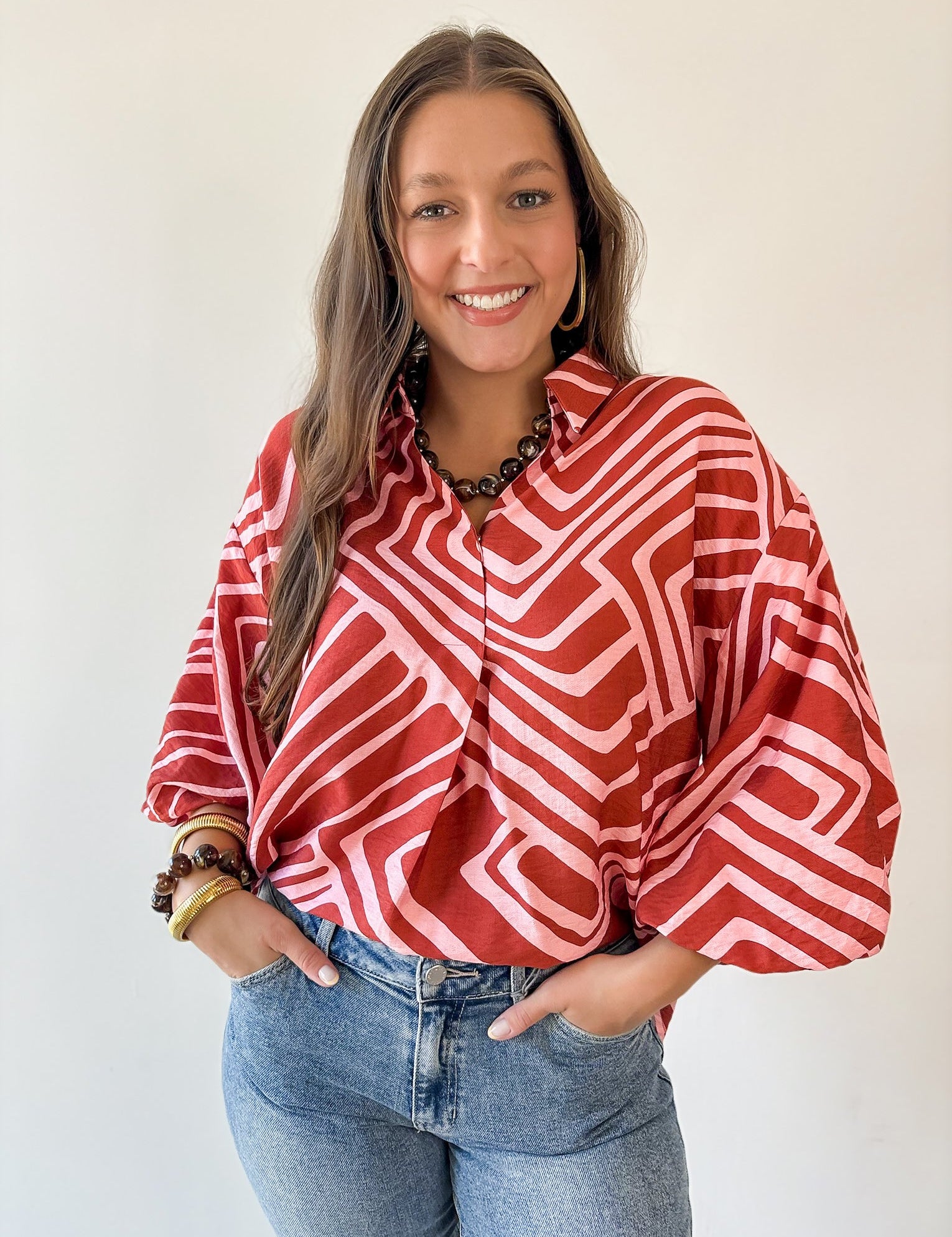 Abstact Print Drop Sleeve Top - Pink-Brown