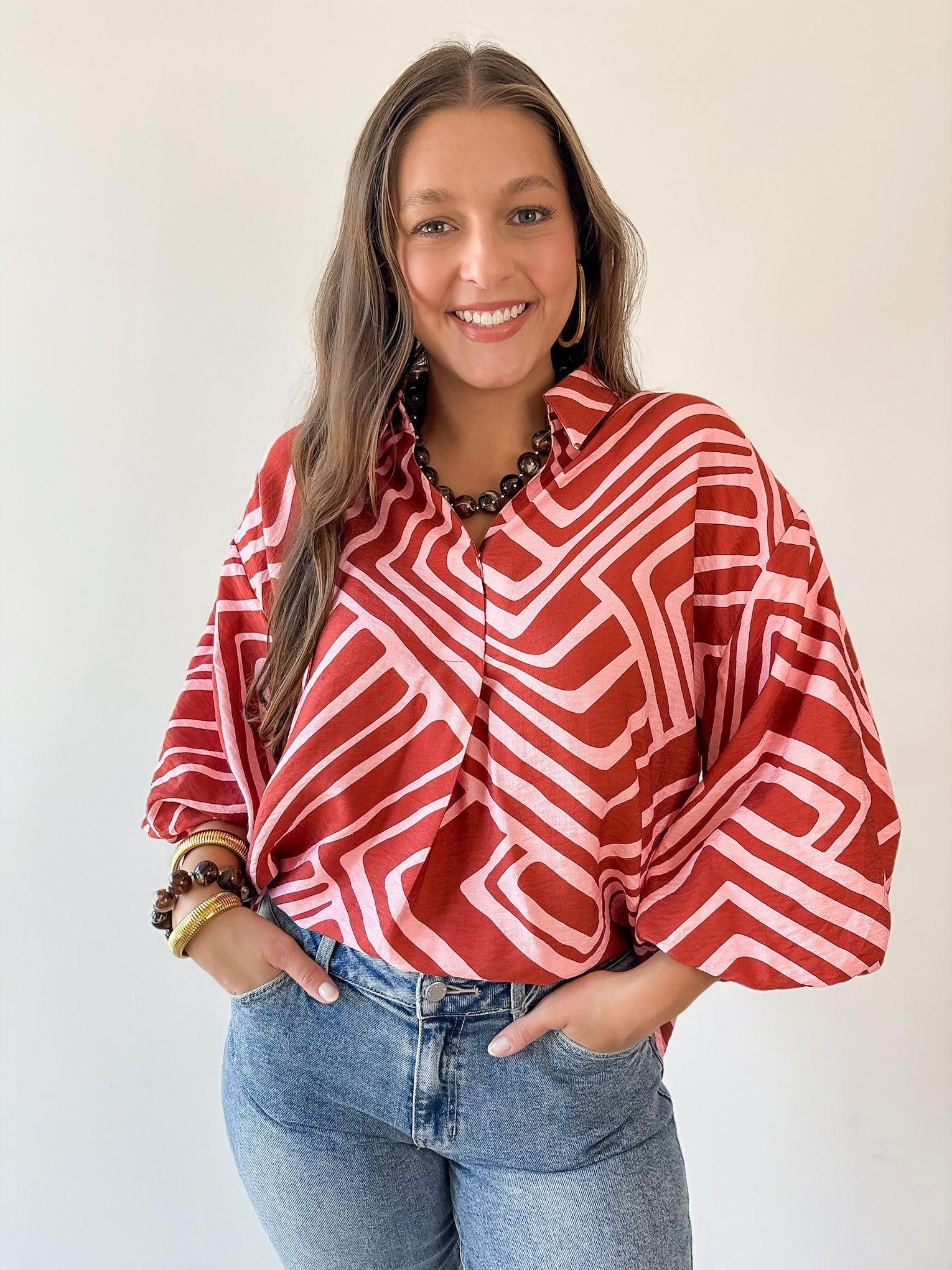 Abstact Print Drop Sleeve Top - Pink-Brown