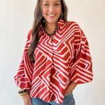 Abstact Print Drop Sleeve Top - Pink-Brown