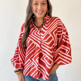 Abstact Print Drop Sleeve Top - Pink-Brown