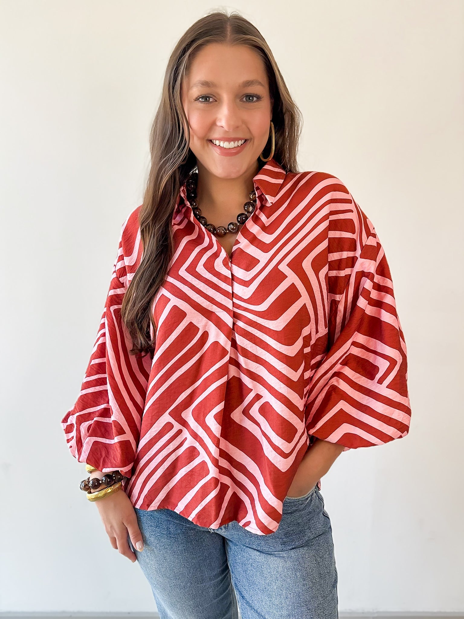 Abstact Print Drop Sleeve Top - Pink-Brown