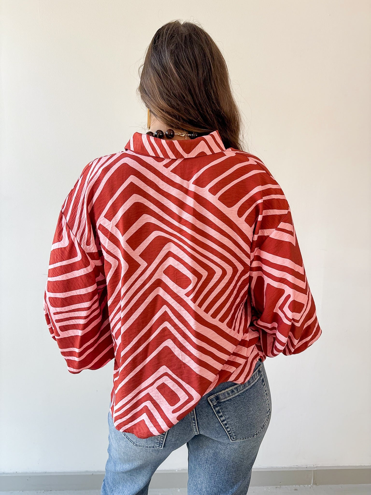 Abstact Print Drop Sleeve Top - Pink-Brown