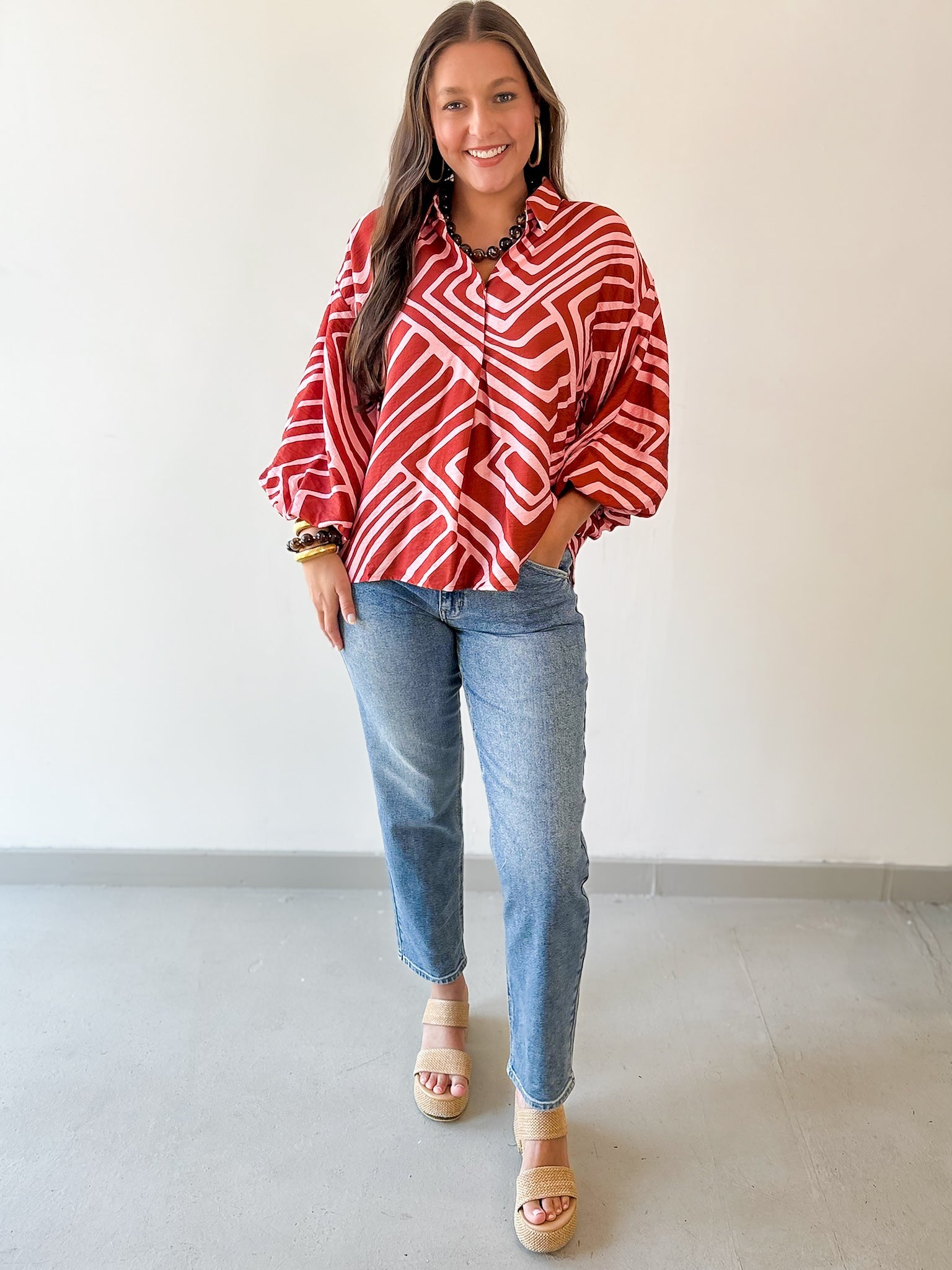 Abstact Print Drop Sleeve Top - Pink-Brown