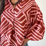 Abstact Print Drop Sleeve Top - Pink-Brown