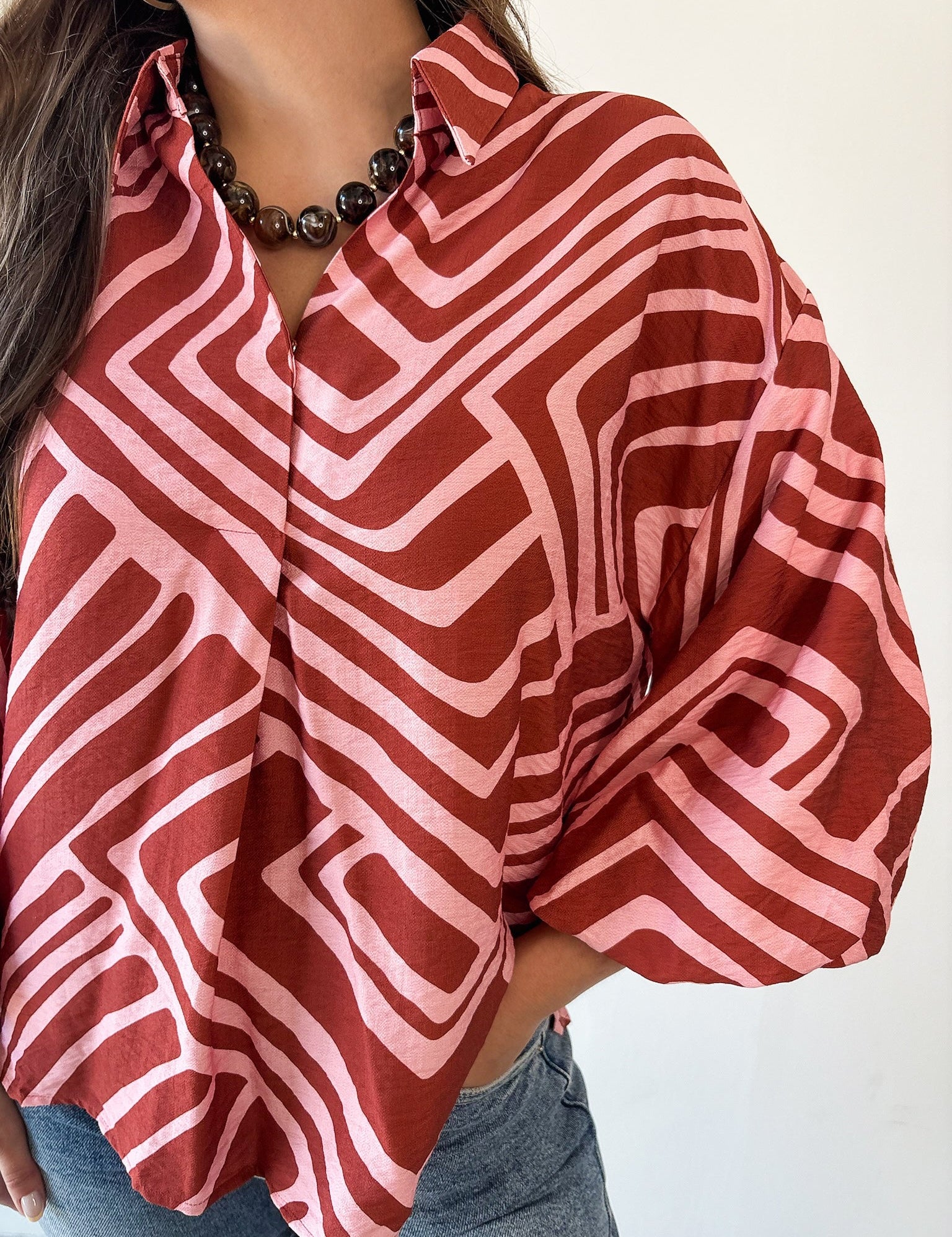 Abstact Print Drop Sleeve Top - Pink-Brown