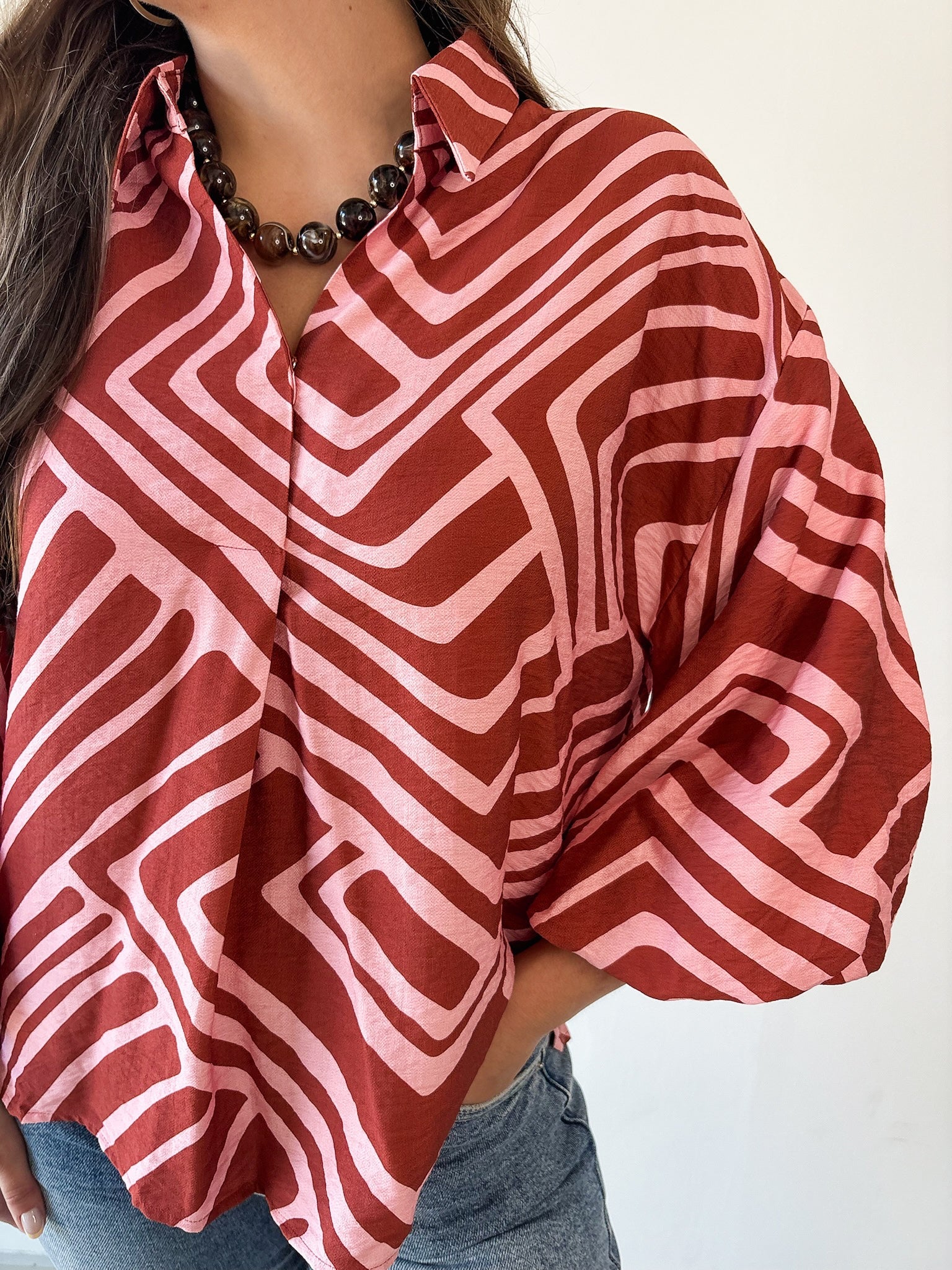 Abstact Print Drop Sleeve Top - Pink-Brown
