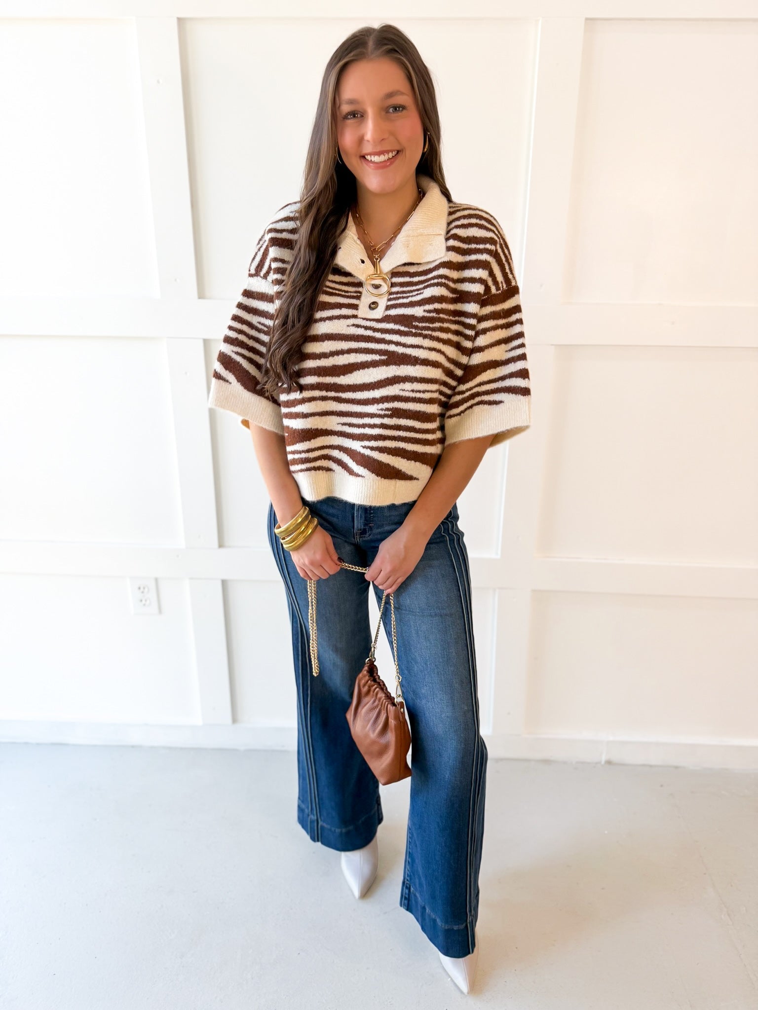 Abstract Animal Print Knit Top - Brown