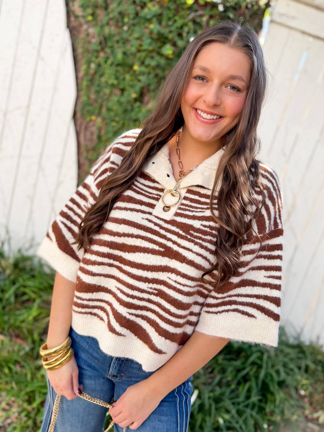 Abstract Animal Print Knit Top - Brown