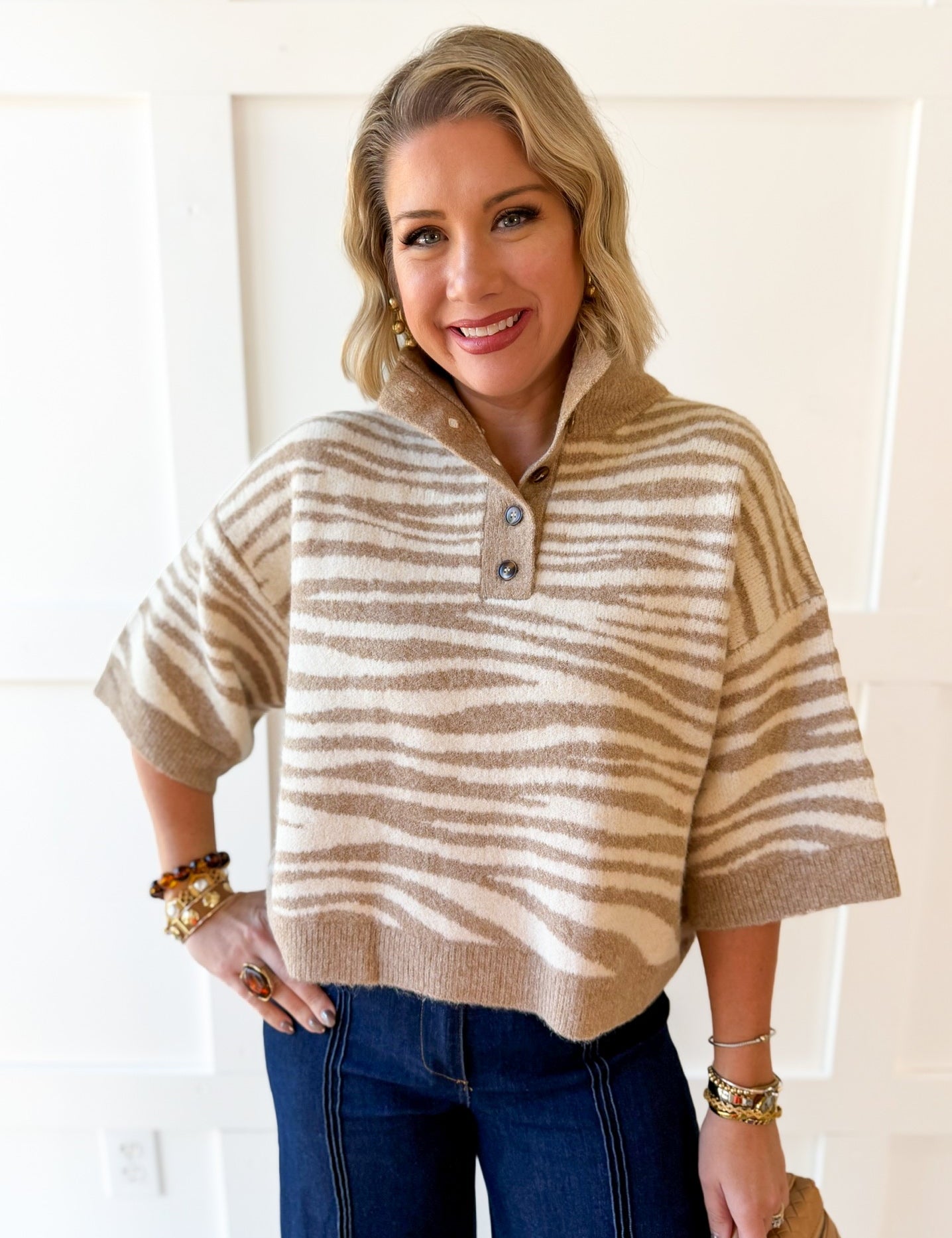 Abstract Animal Print Knit Top - Sand
