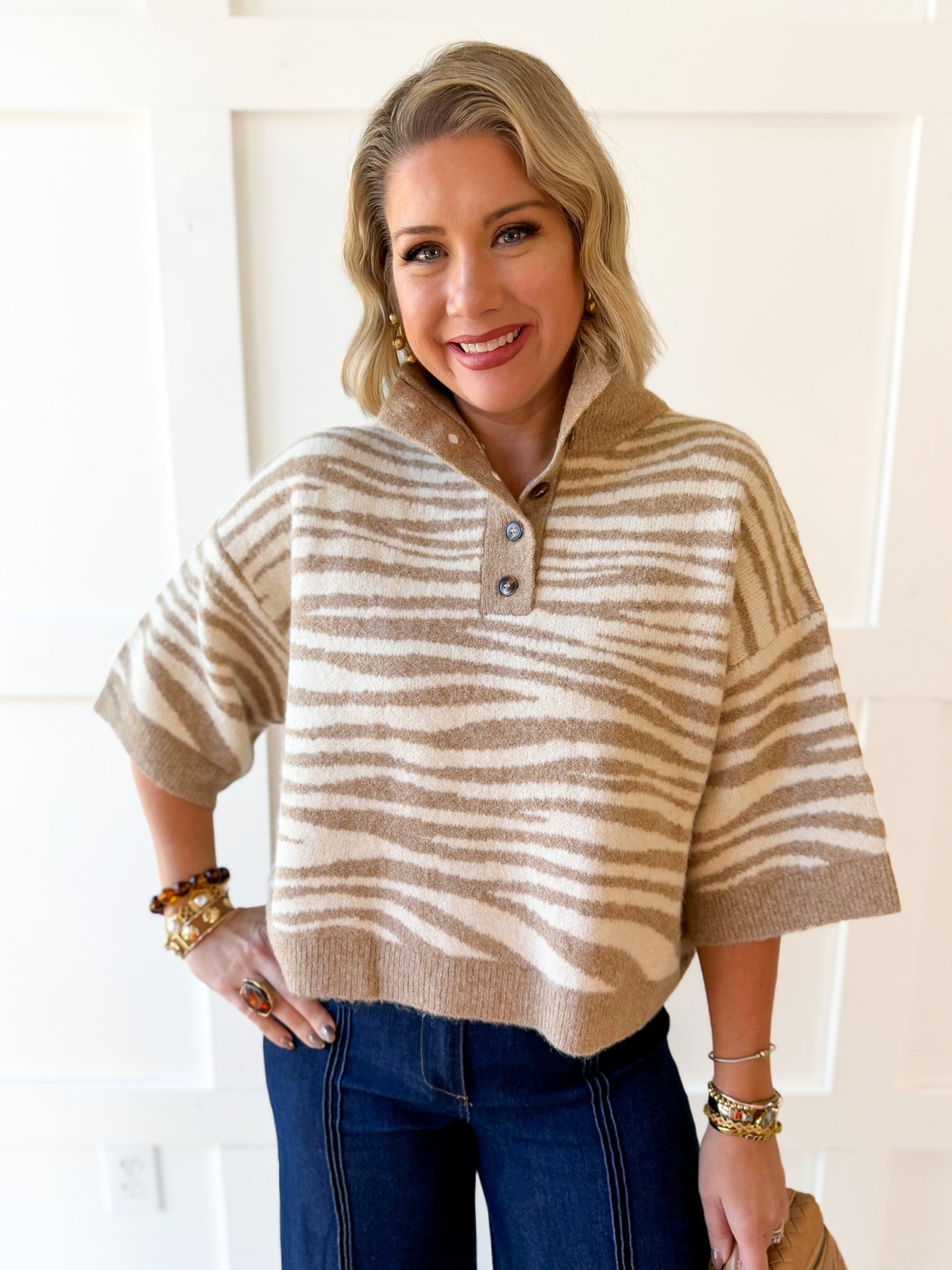 Abstract Animal Print Knit Top - Sand