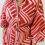 Abstract Belted Midi Dress - Pink/Brown