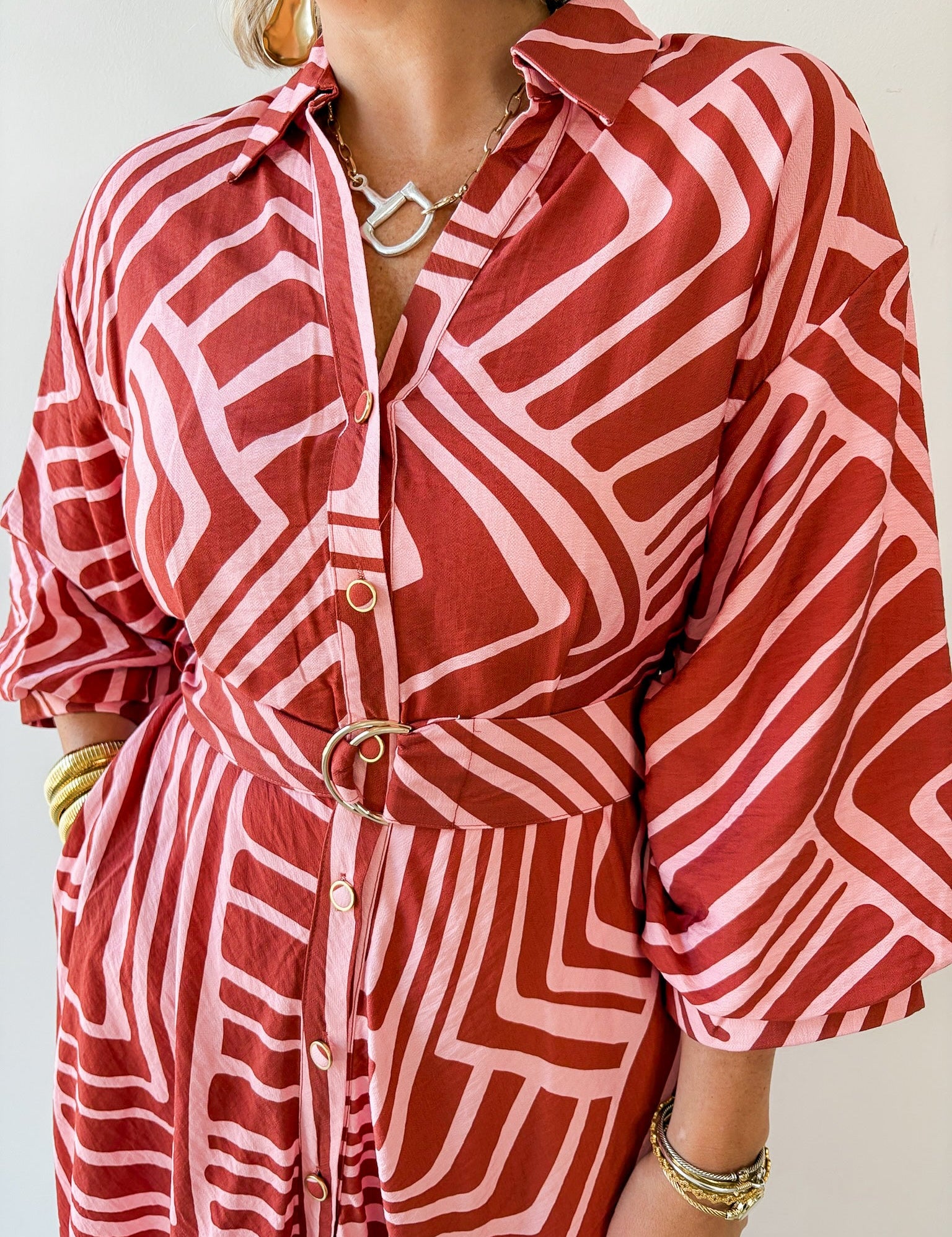 Abstract Belted Midi Dress - Pink/Brown