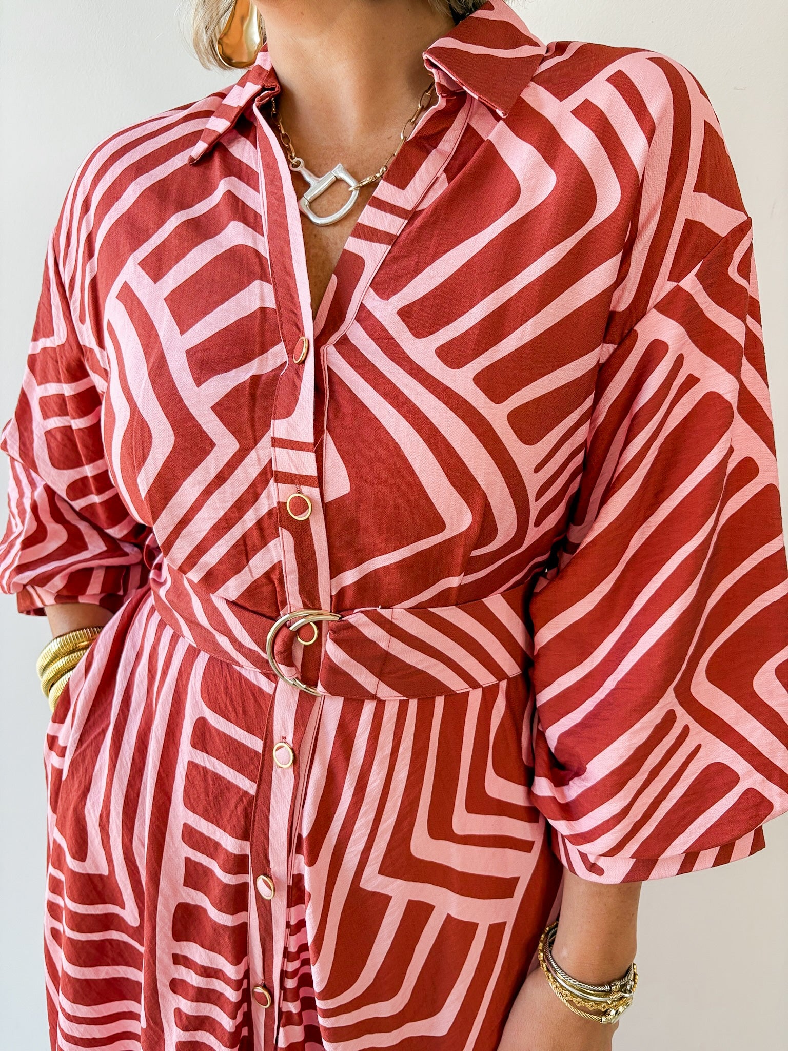 Abstract Belted Midi Dress - Pink/Brown