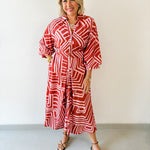 Abstract Belted Midi Dress - Pink/Brown