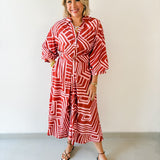 Abstract Belted Midi Dress - Pink/Brown