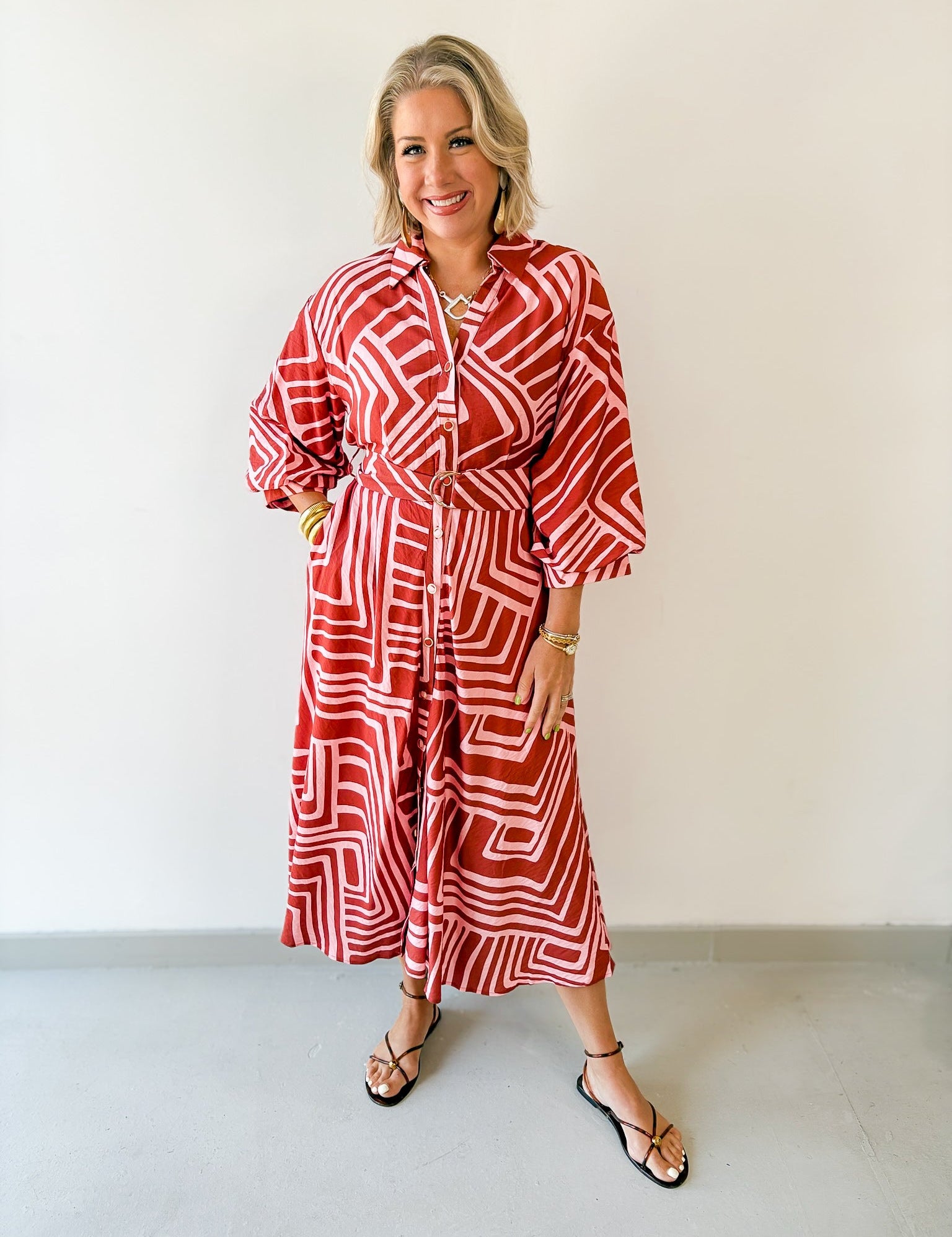 Abstract Belted Midi Dress - Pink/Brown