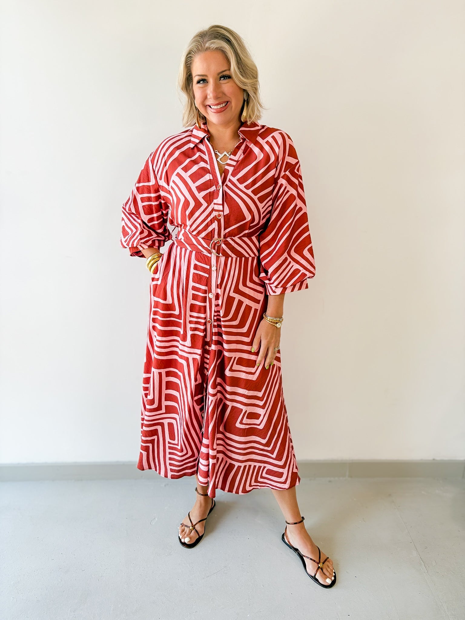 Abstract Belted Midi Dress - Pink/Brown