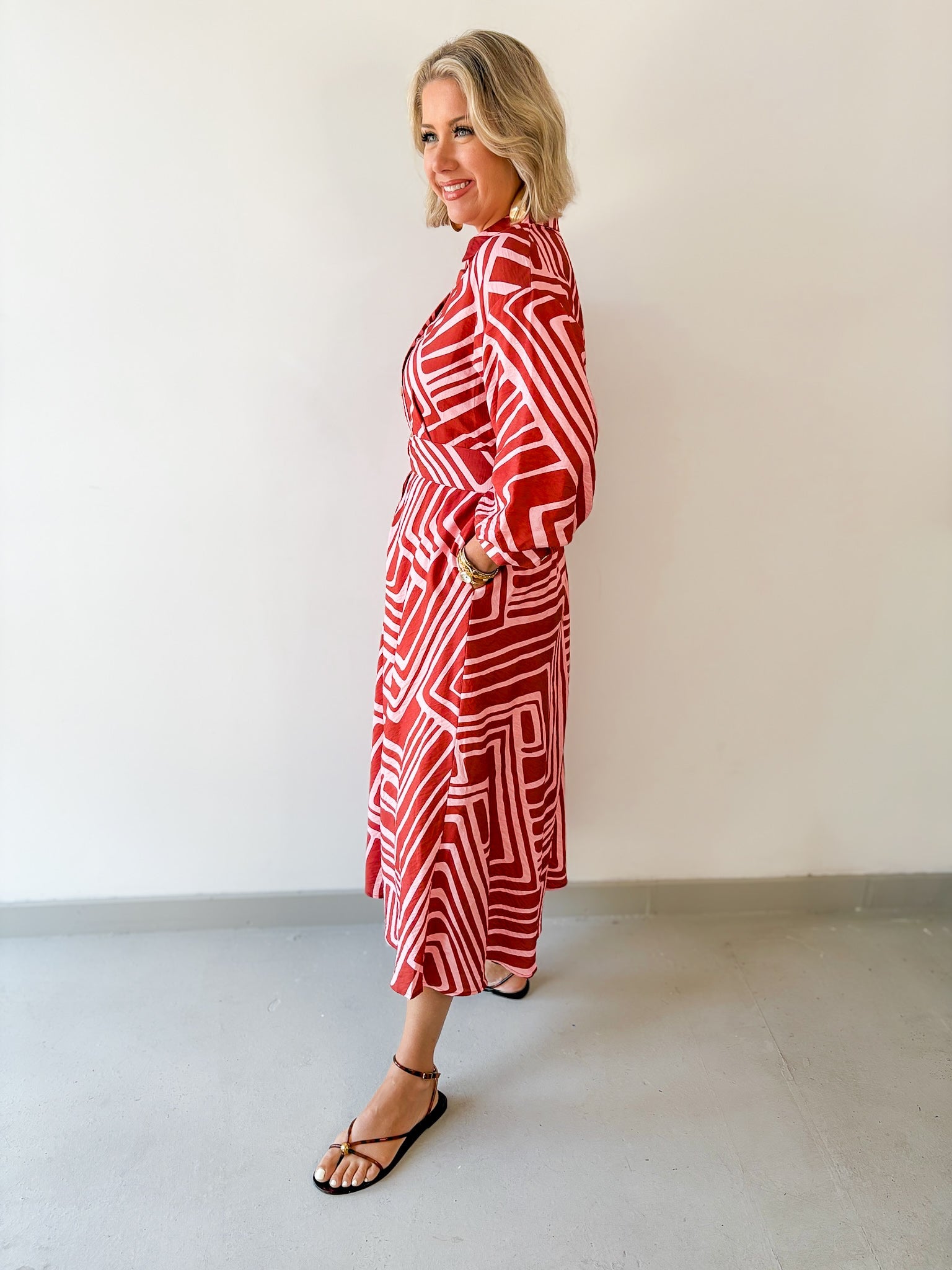 Abstract Belted Midi Dress - Pink/Brown