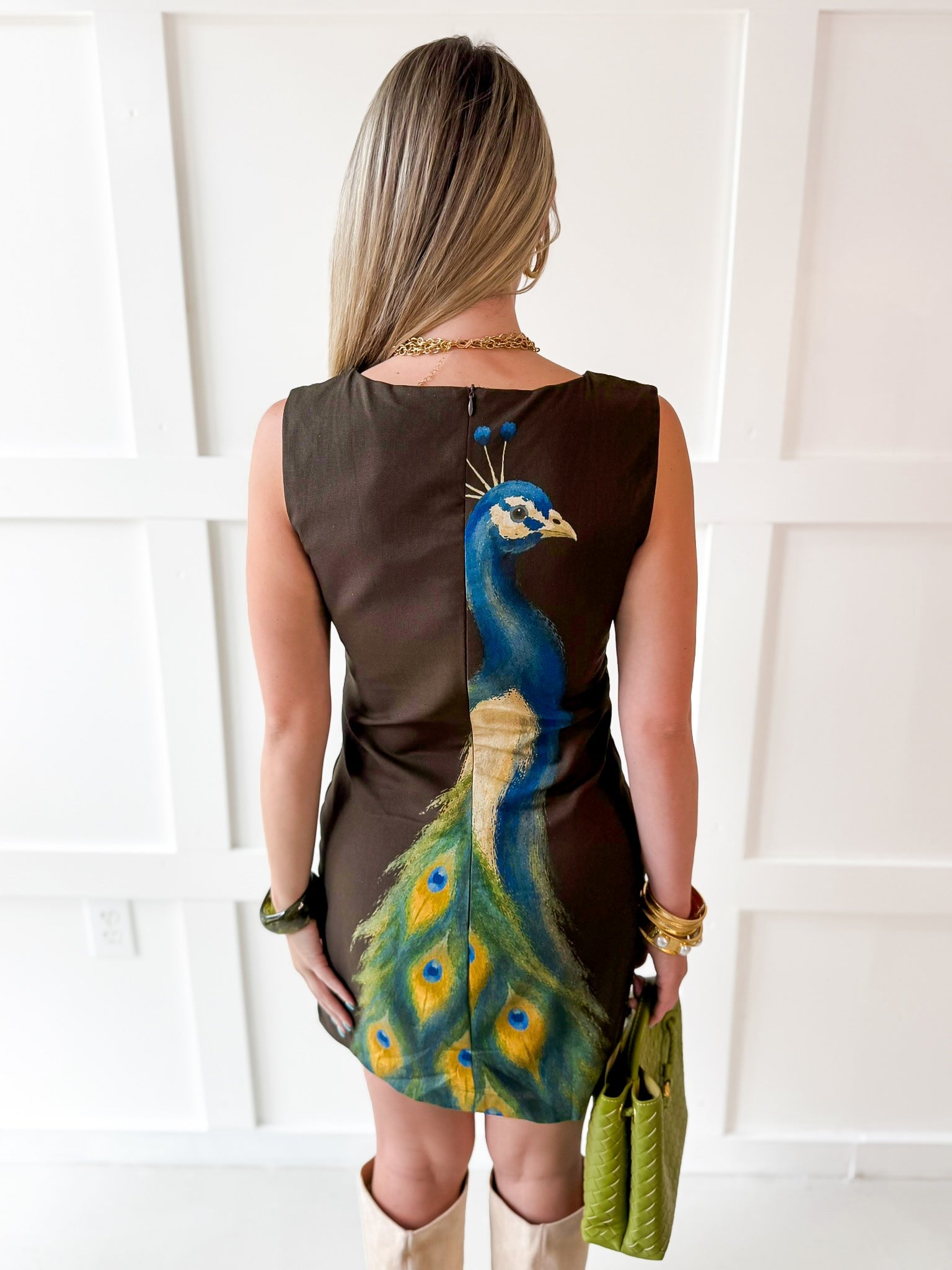 Abstract Peacock Print Boat Neck Mini Dress