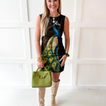 Abstract Peacock Print Boat Neck Mini Dress