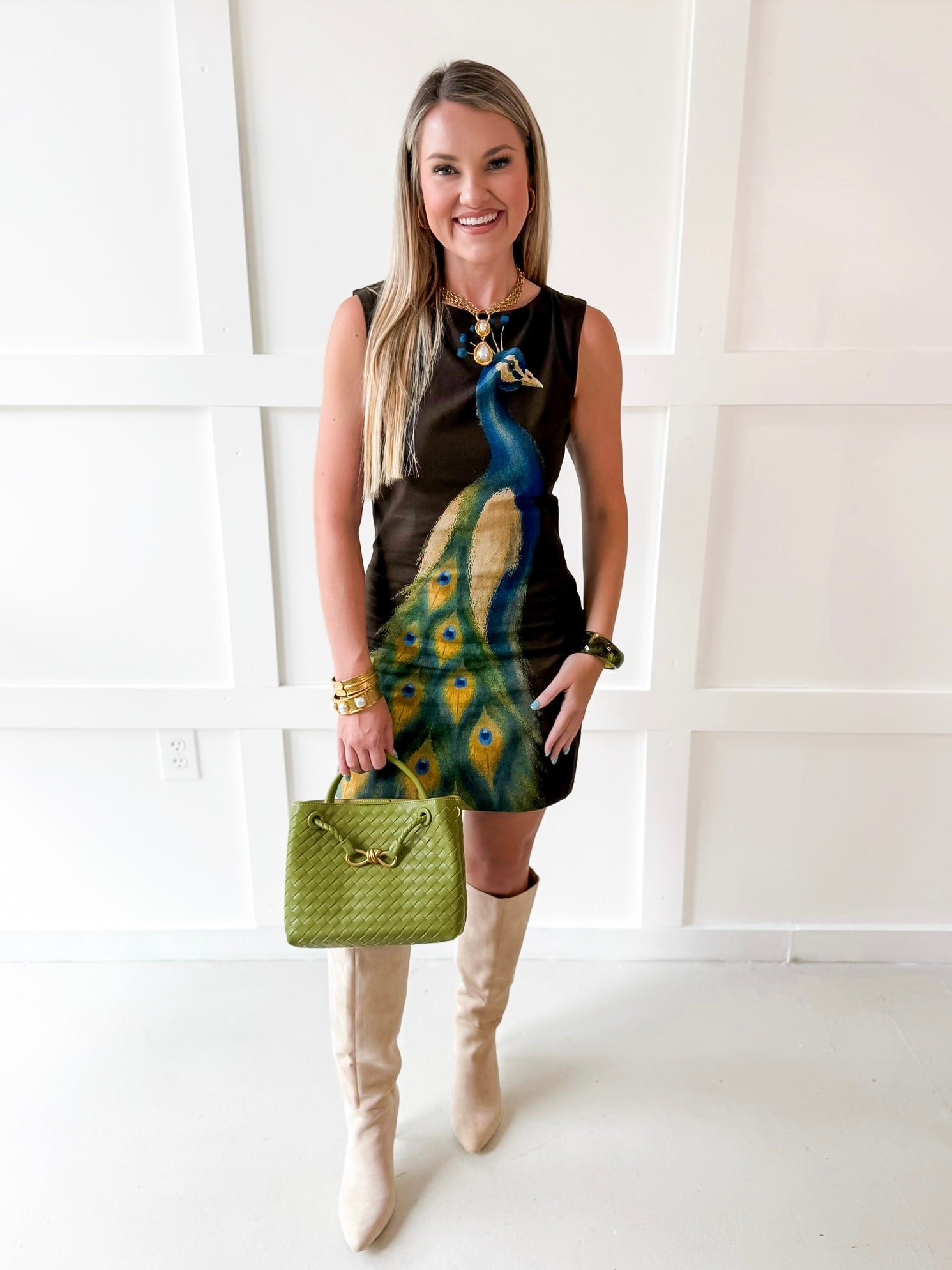 Abstract Peacock Print Boat Neck Mini Dress