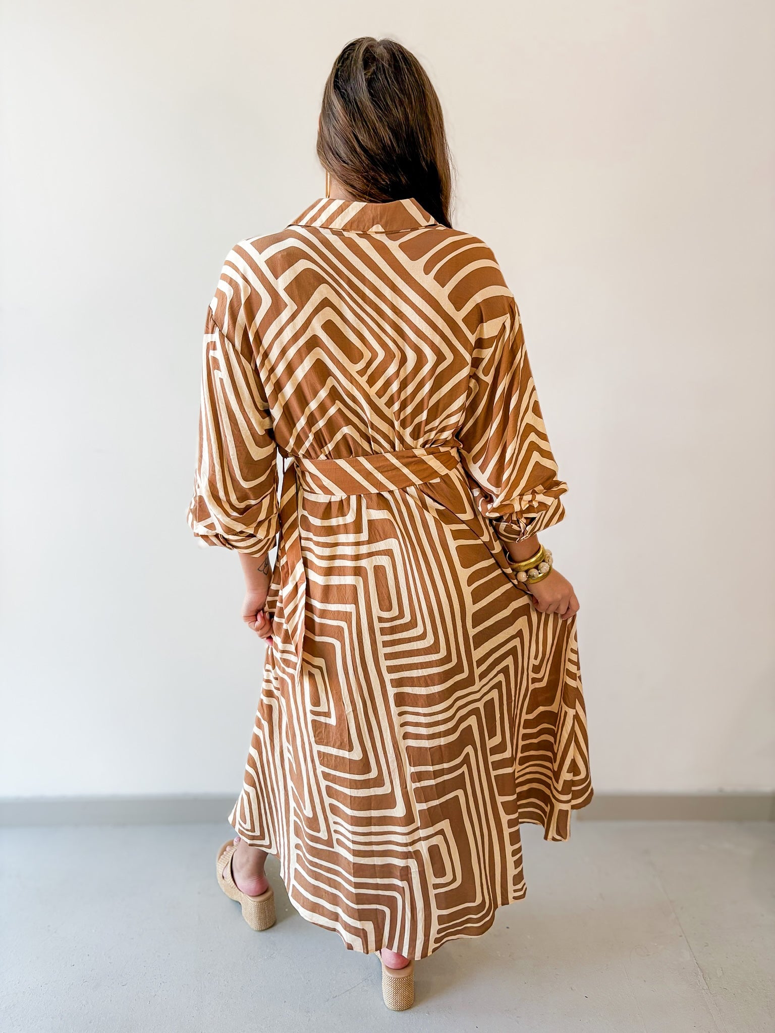 Abstract Print Belted Midi Dress - Tan