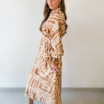 Abstract Print Belted Midi Dress - Tan