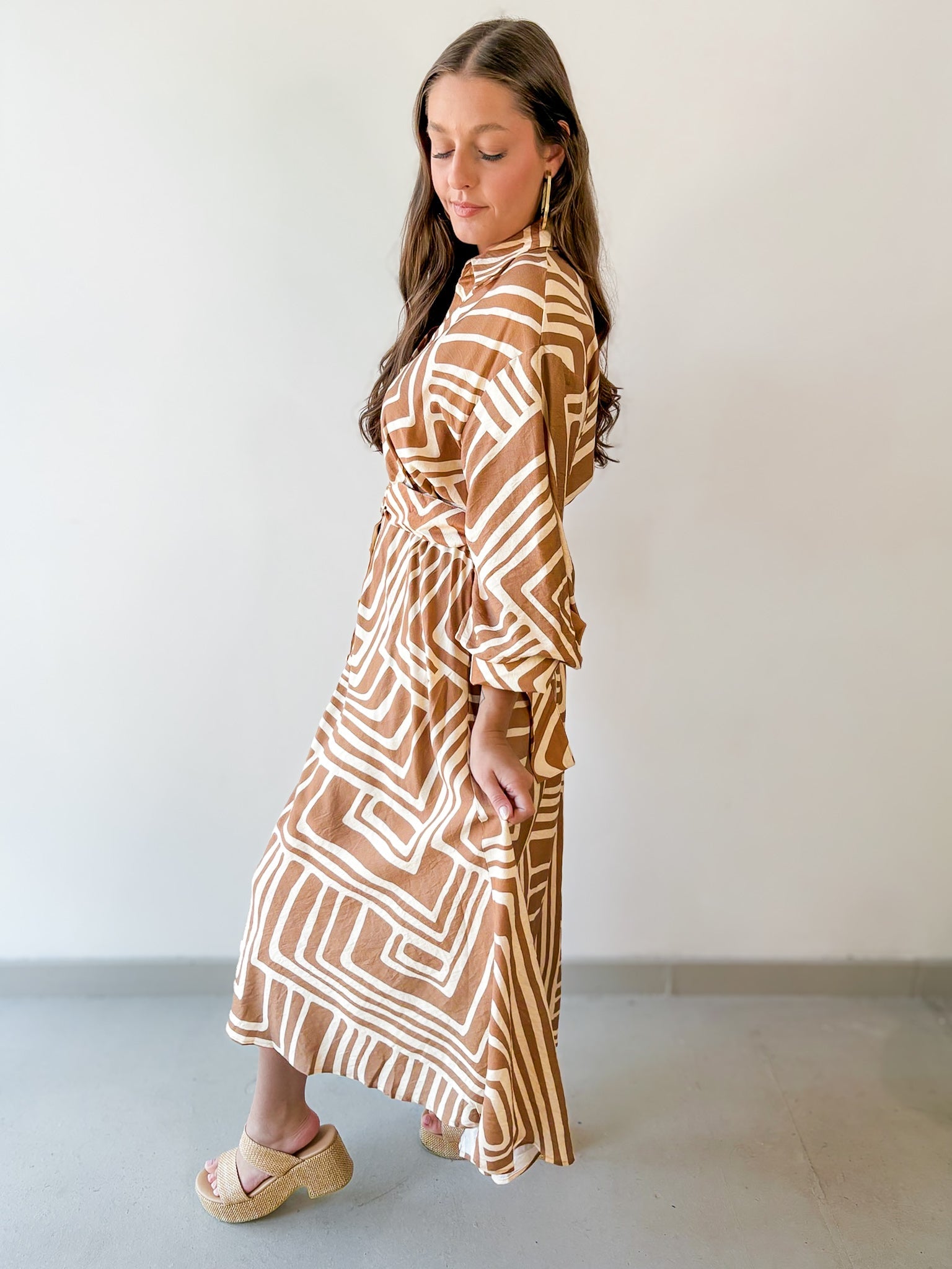 Abstract Print Belted Midi Dress - Tan