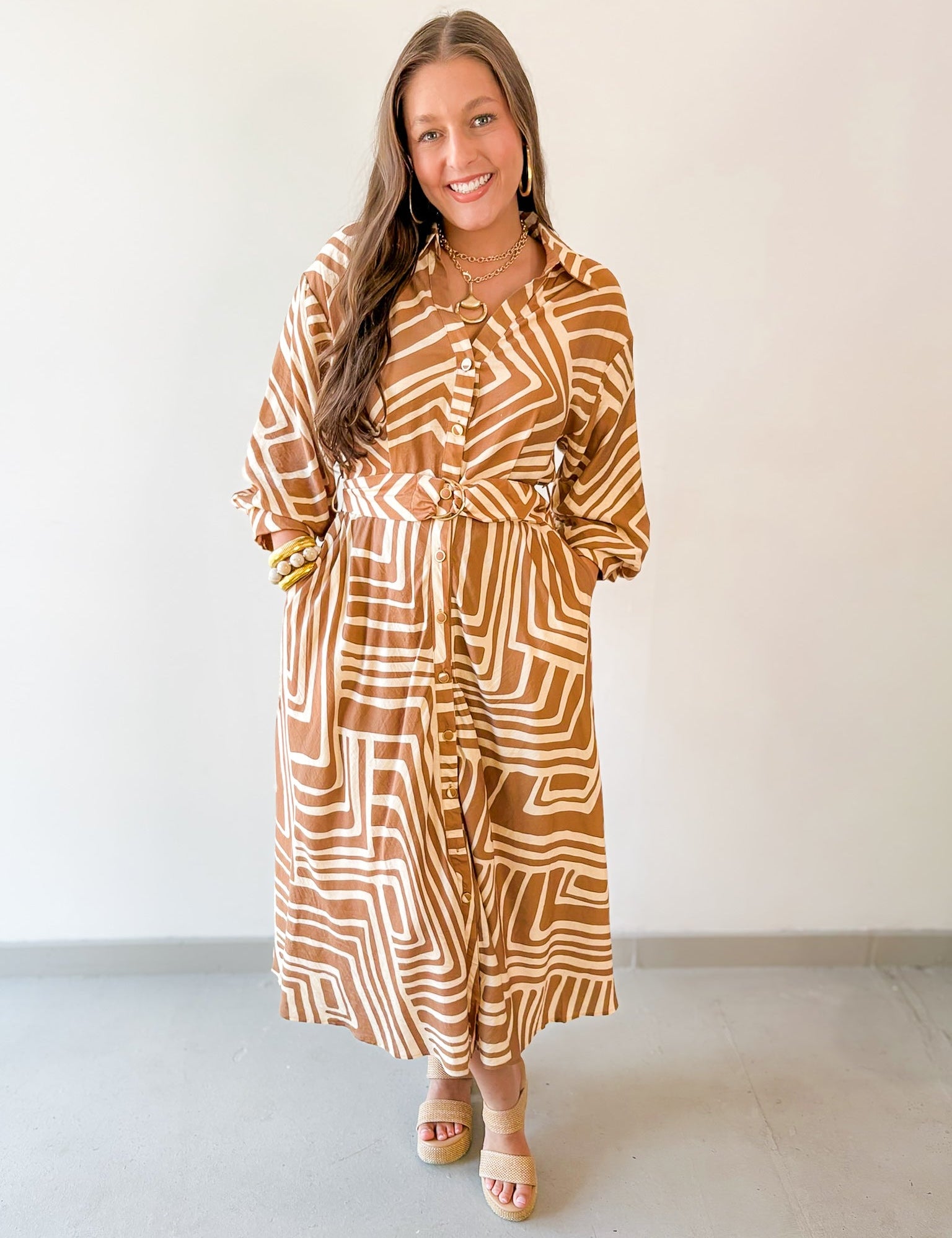 Abstract Print Belted Midi Dress - Tan