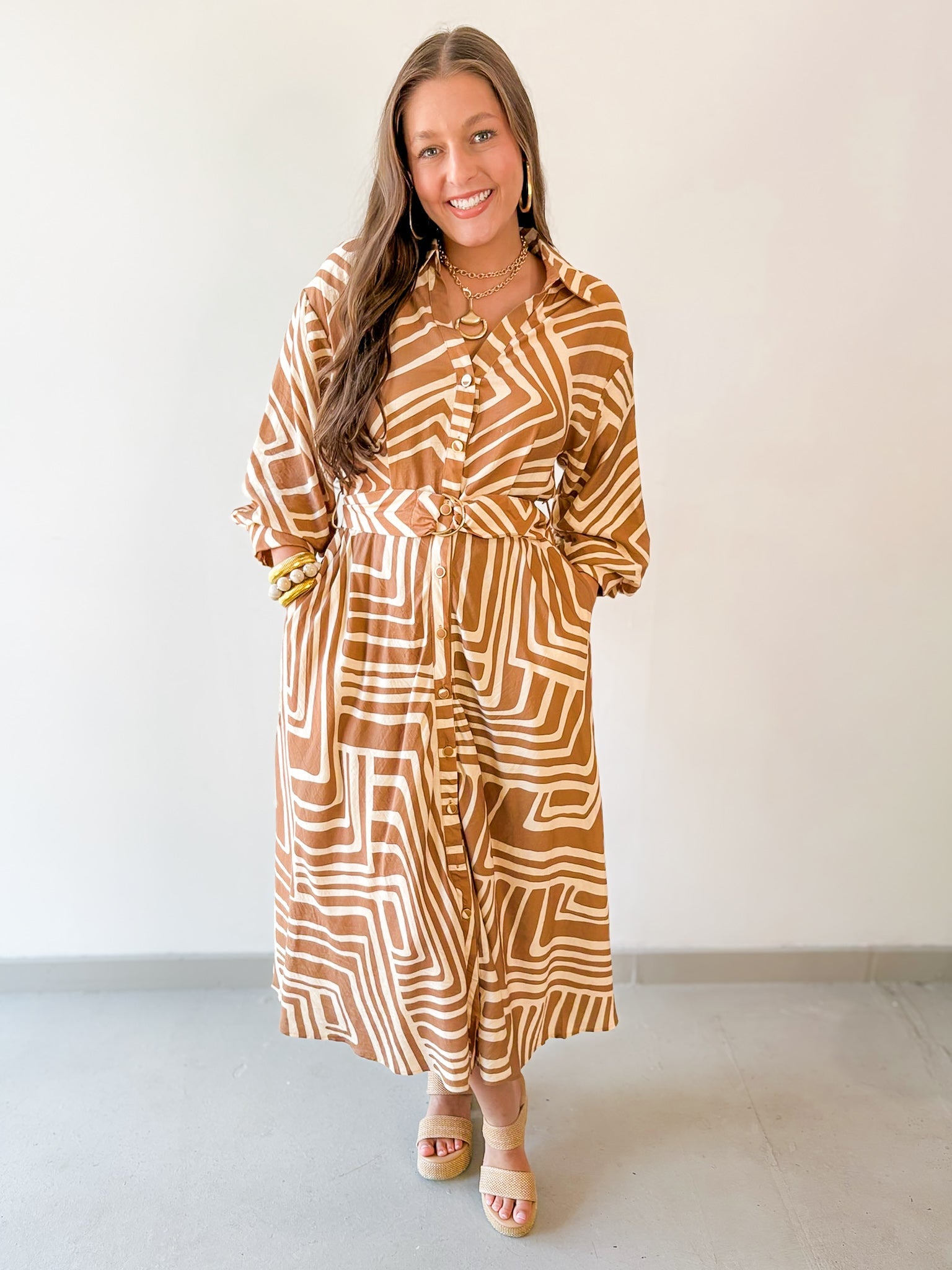 Abstract Print Belted Midi Dress - Tan