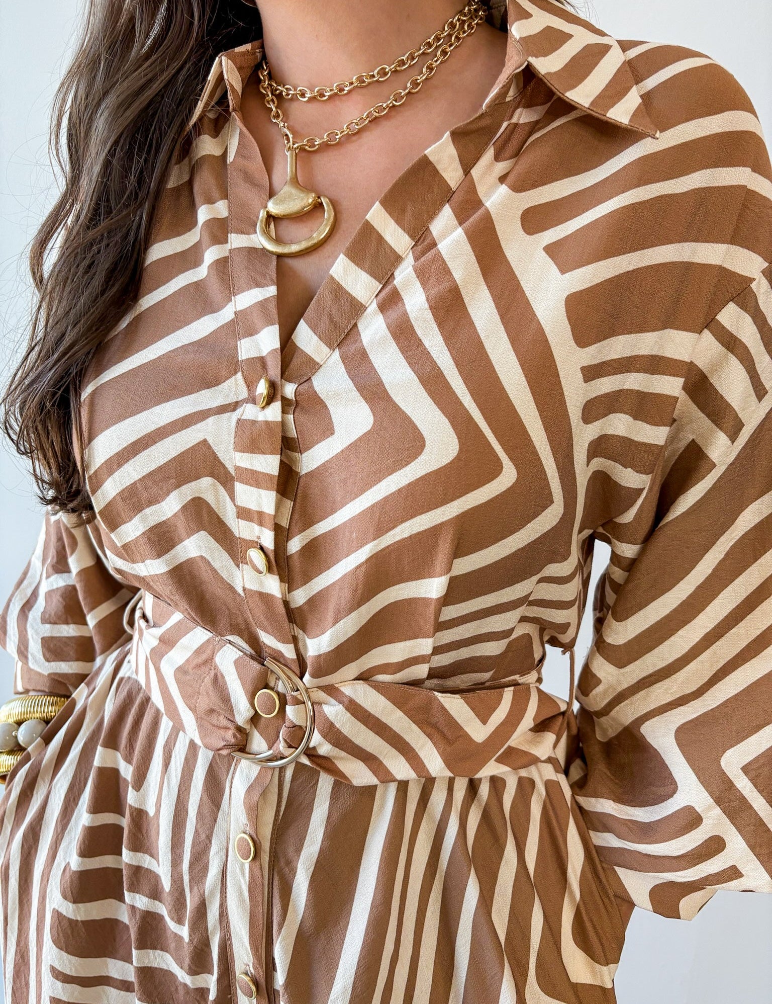 Abstract Print Belted Midi Dress - Tan