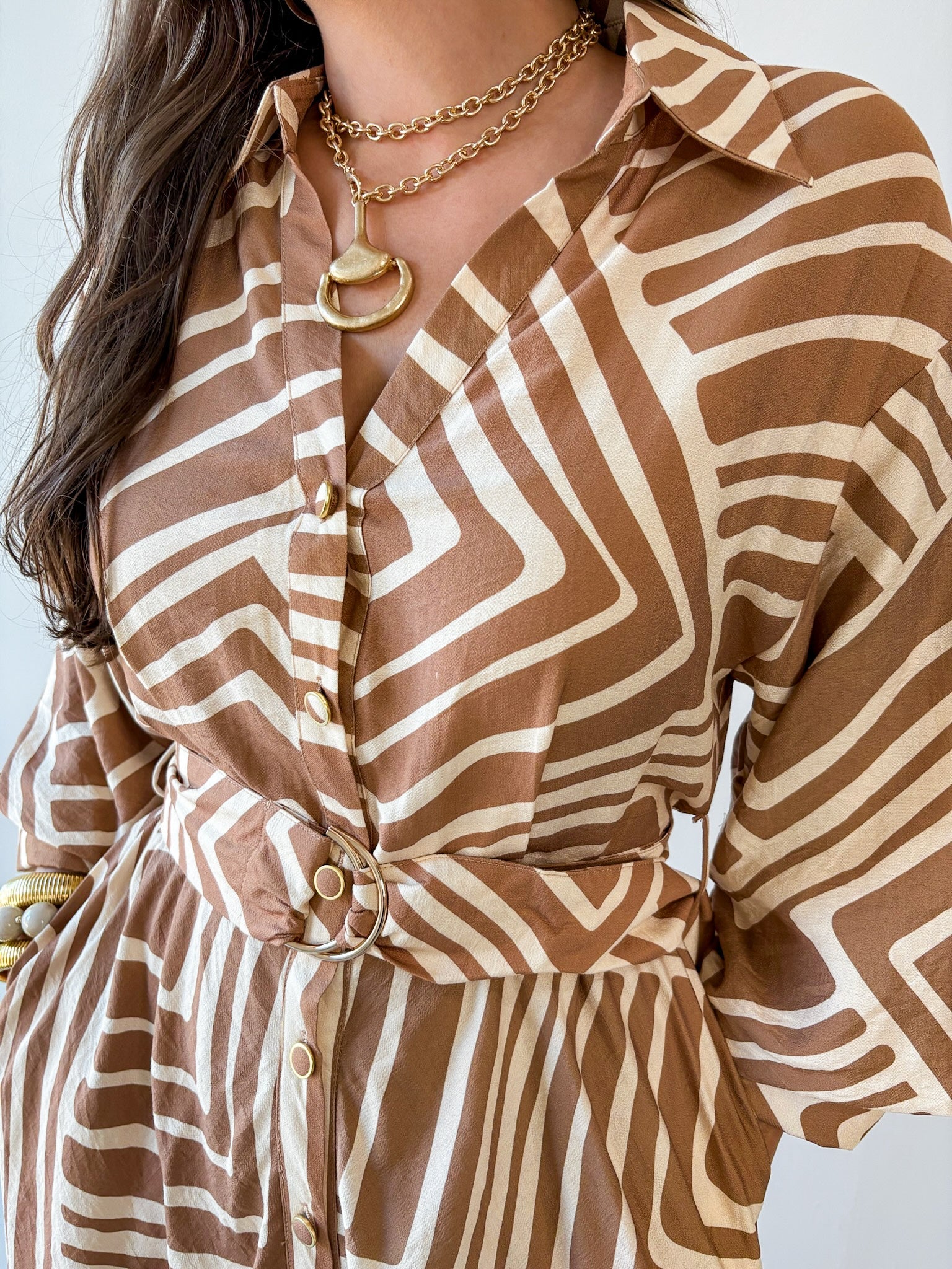 Abstract Print Belted Midi Dress - Tan