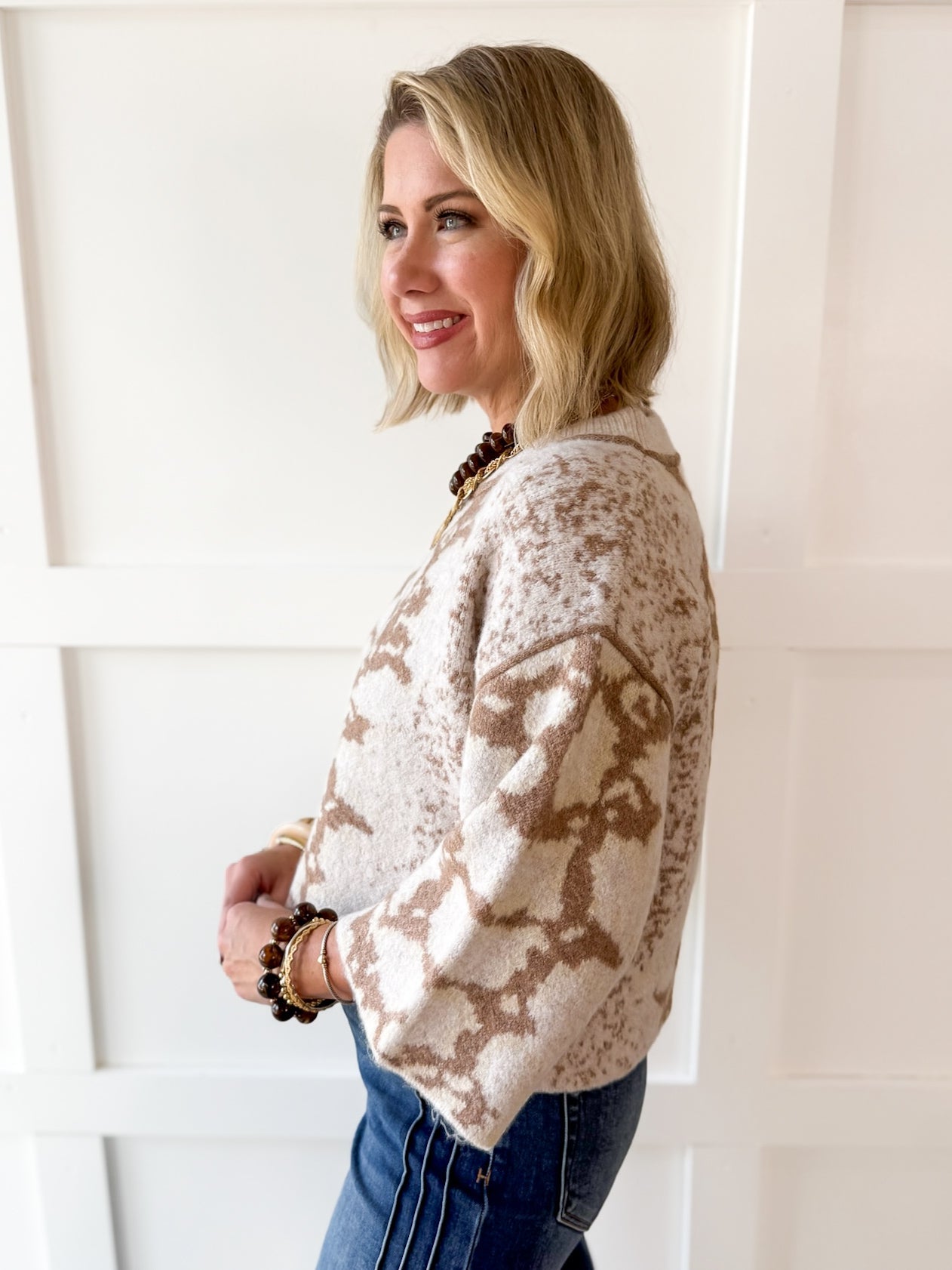 Abstract Print Knit Top- Oatmeal