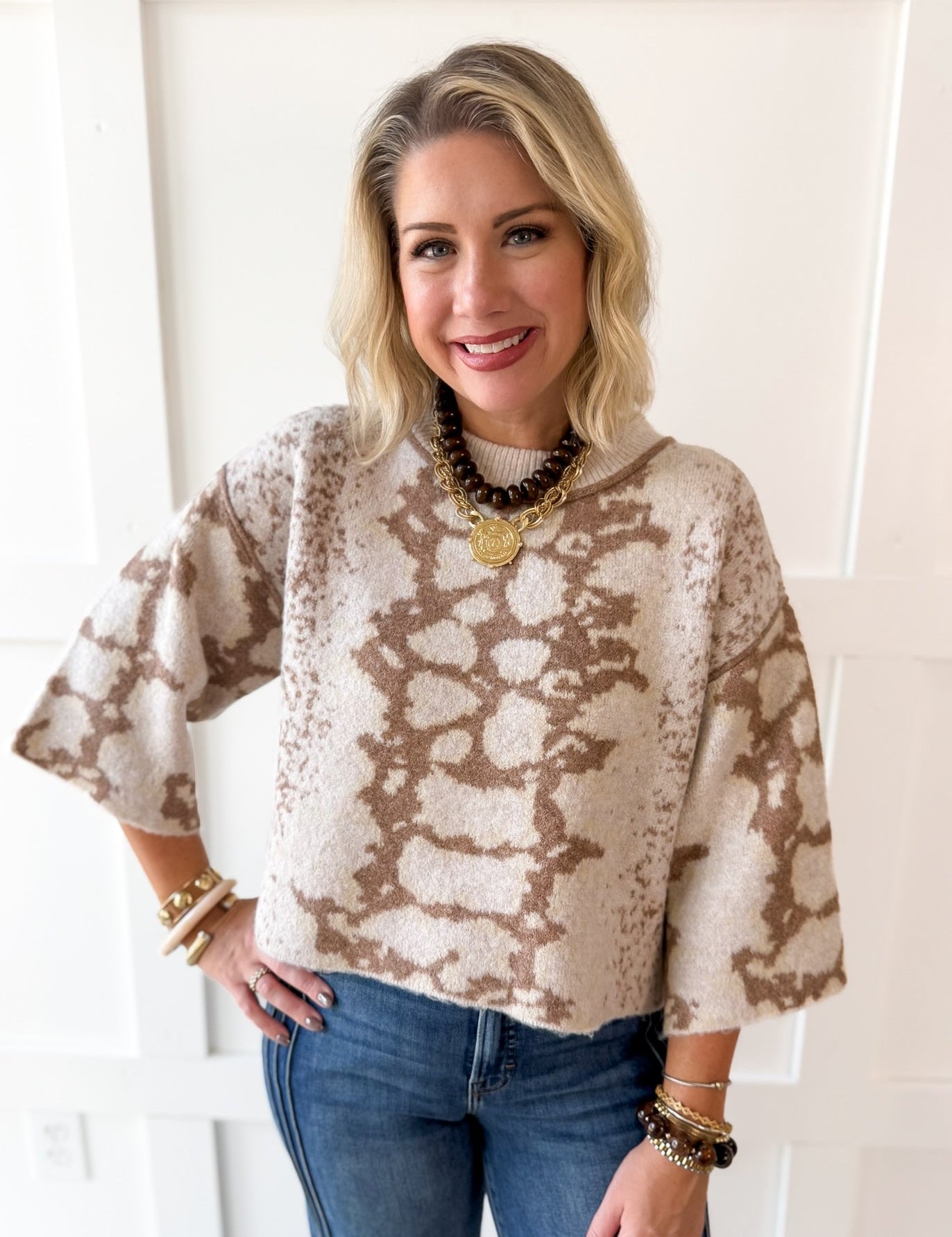 Abstract Print Knit Top- Oatmeal