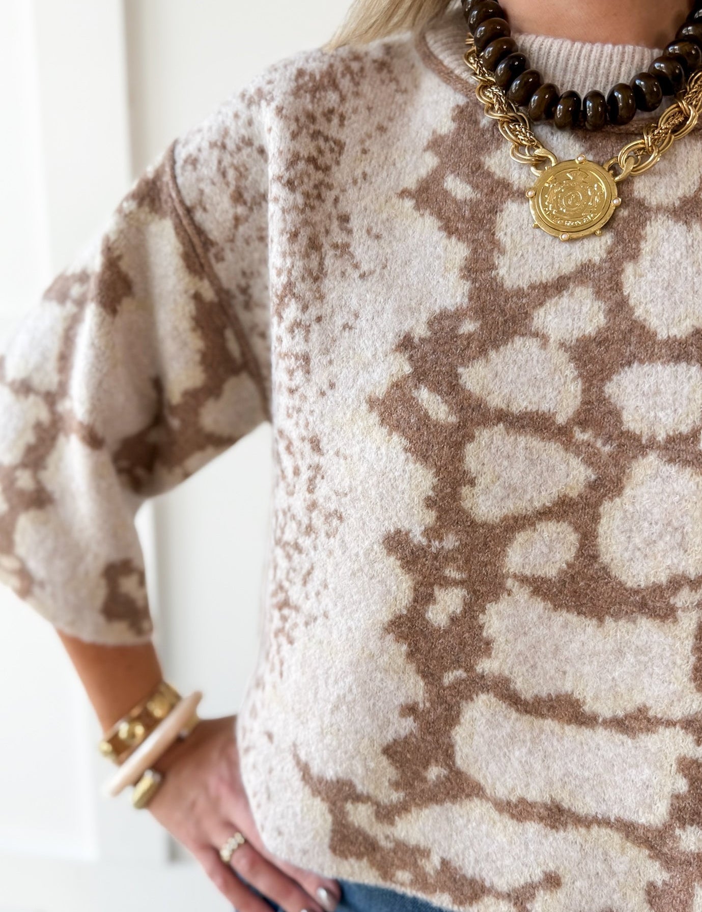 Abstract Print Knit Top- Oatmeal