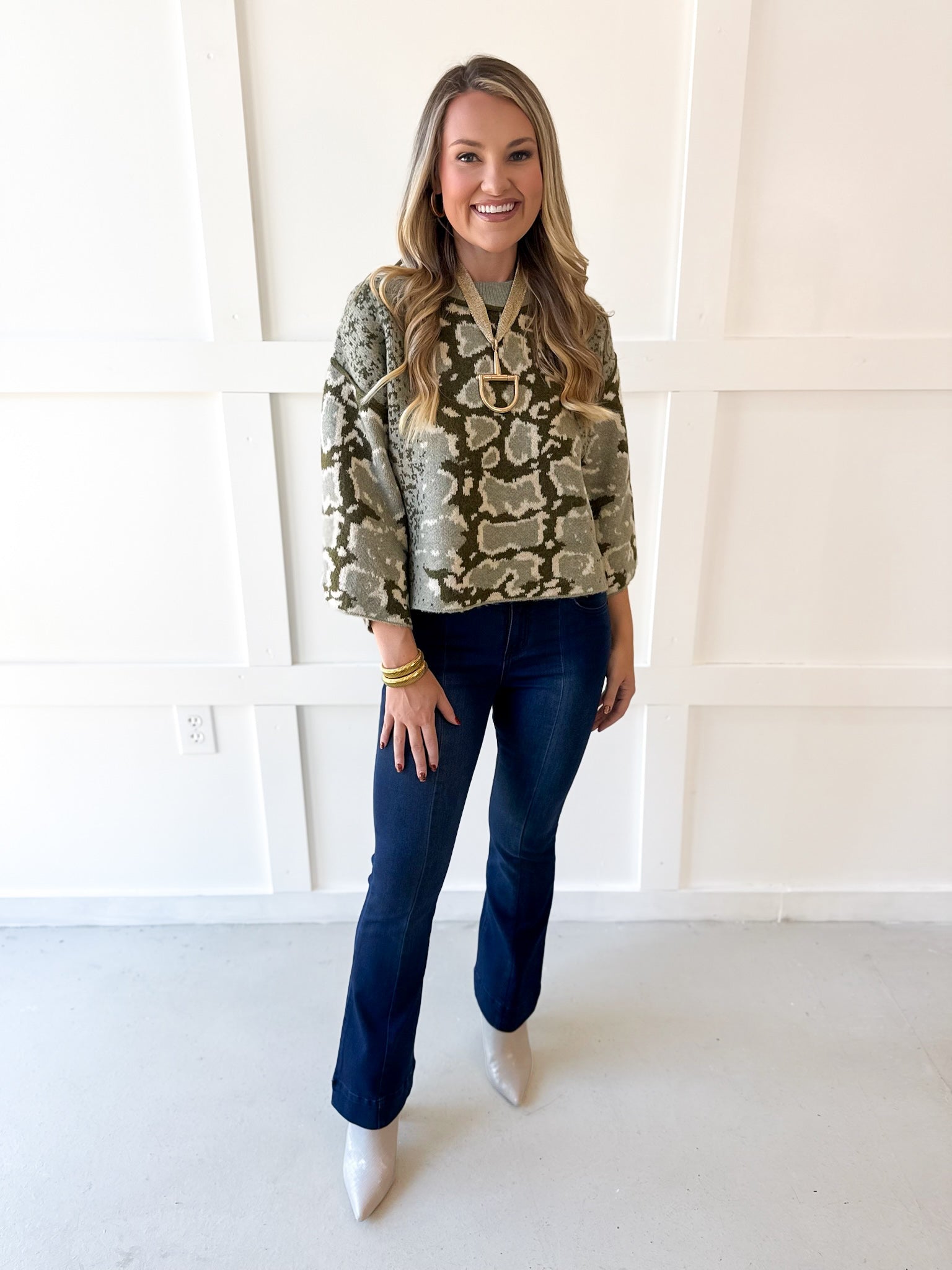 Abstract Print Knit Top- Olive
